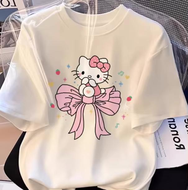 

2026 HelloKitty Sanrio Printed Cotton TShirt Summer Cartoon Design Childrens Roundneck Fashion LooseFitting Casual Wear S