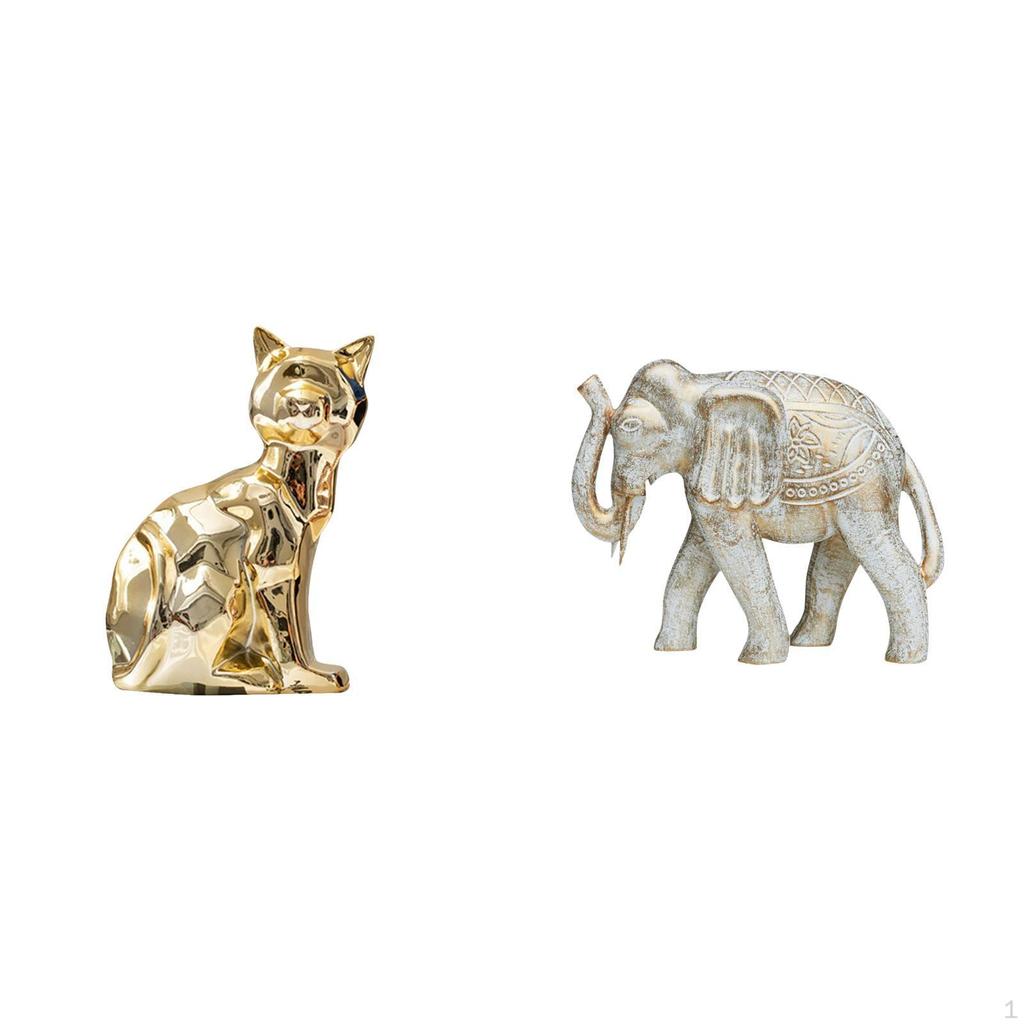 Hand Carved Wooden Cat Elephant Animal Sculpture Figurine Art Craft Ornament for Fireplace Desk