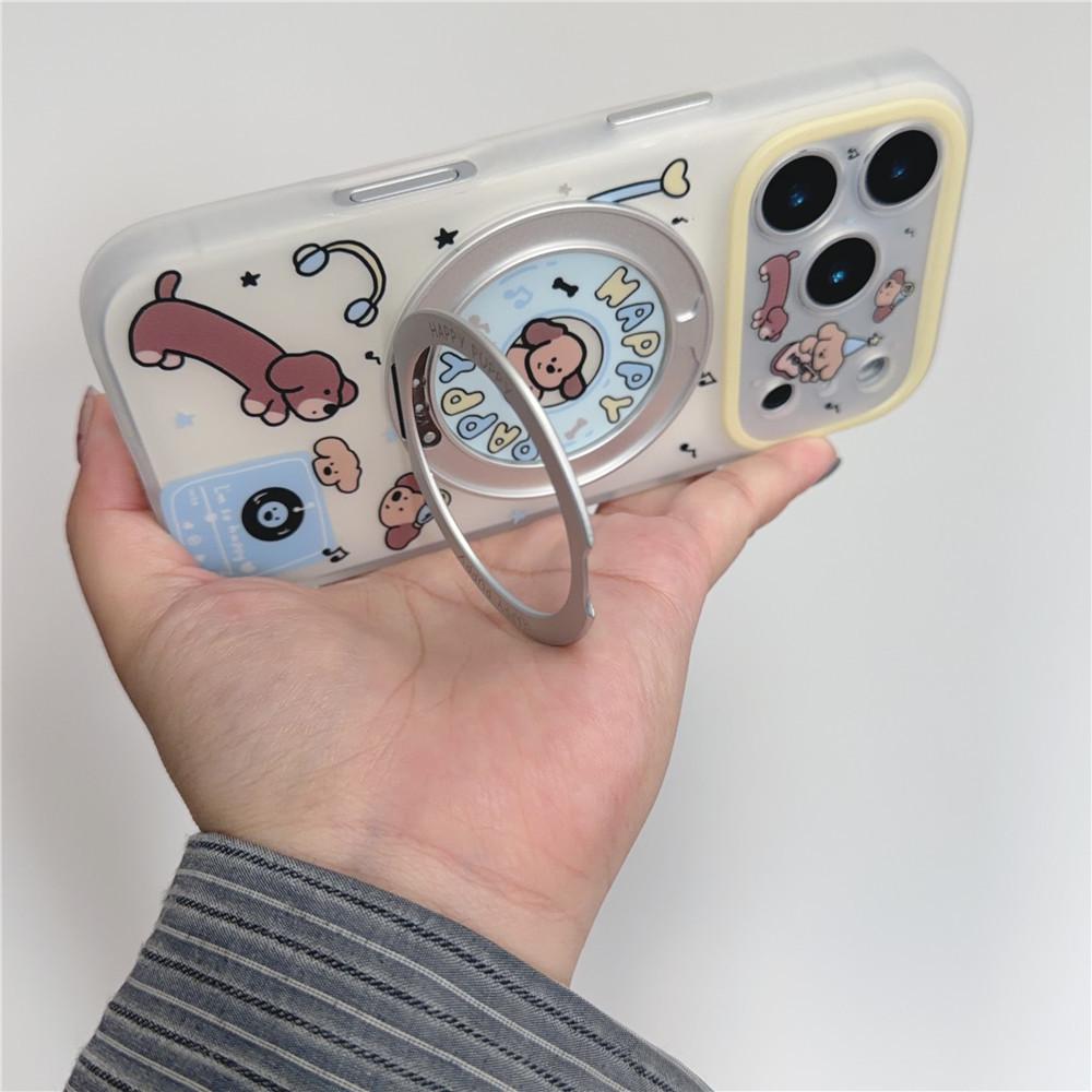 INS Style Cartoon Sausage Dog Rotating Stand Phone Case for iPhone 15/16PM/17Pro - Drop-Proof Design