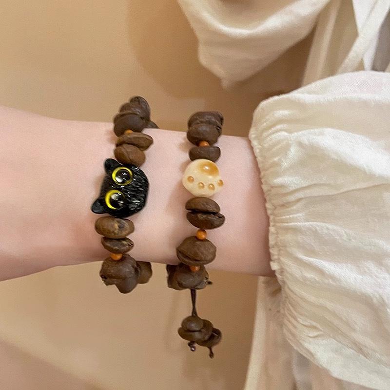 Handmade Natural Coffee Bean Bracelet Elastic Coconut Chip Wood Chip Braided Hand Decoration Bracelet For Women