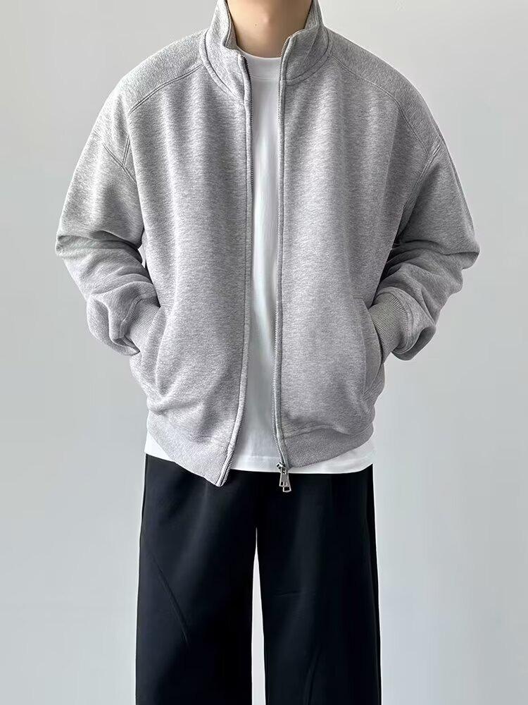 Men's Double Zipper Stand-up Collar Cardigan Hoodie - 2025 Casual Solid Color Outerwear for Spring & Autumn