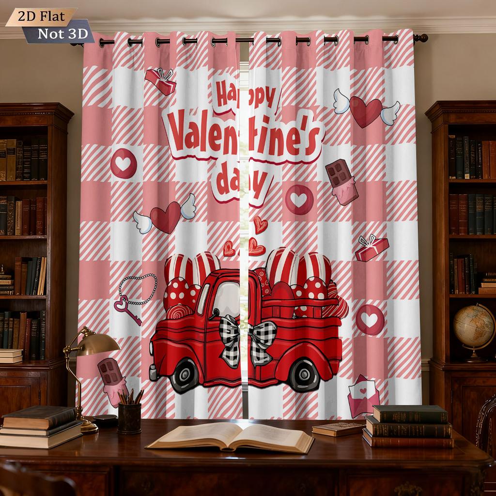 2pc Valentine's Day Romantic Love Car Print Shading Perforated Curtains Multi Size Living Room Insulation Festival Decoration