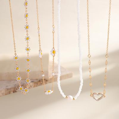 Good Flower Bohemian Rhinestone Bead Vacation Necklace Oil-Dripping Mix and Match with Inlay Hollow Heart Multi-piece Artificial Pearl Pendant