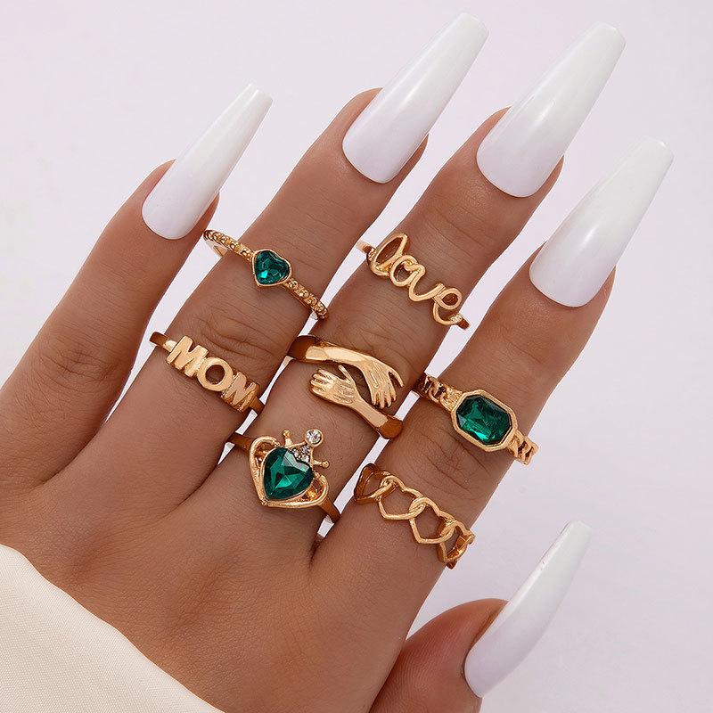 Vintage metal imitation emerald with diamonds, love palm ring, ring multi-piece set for women