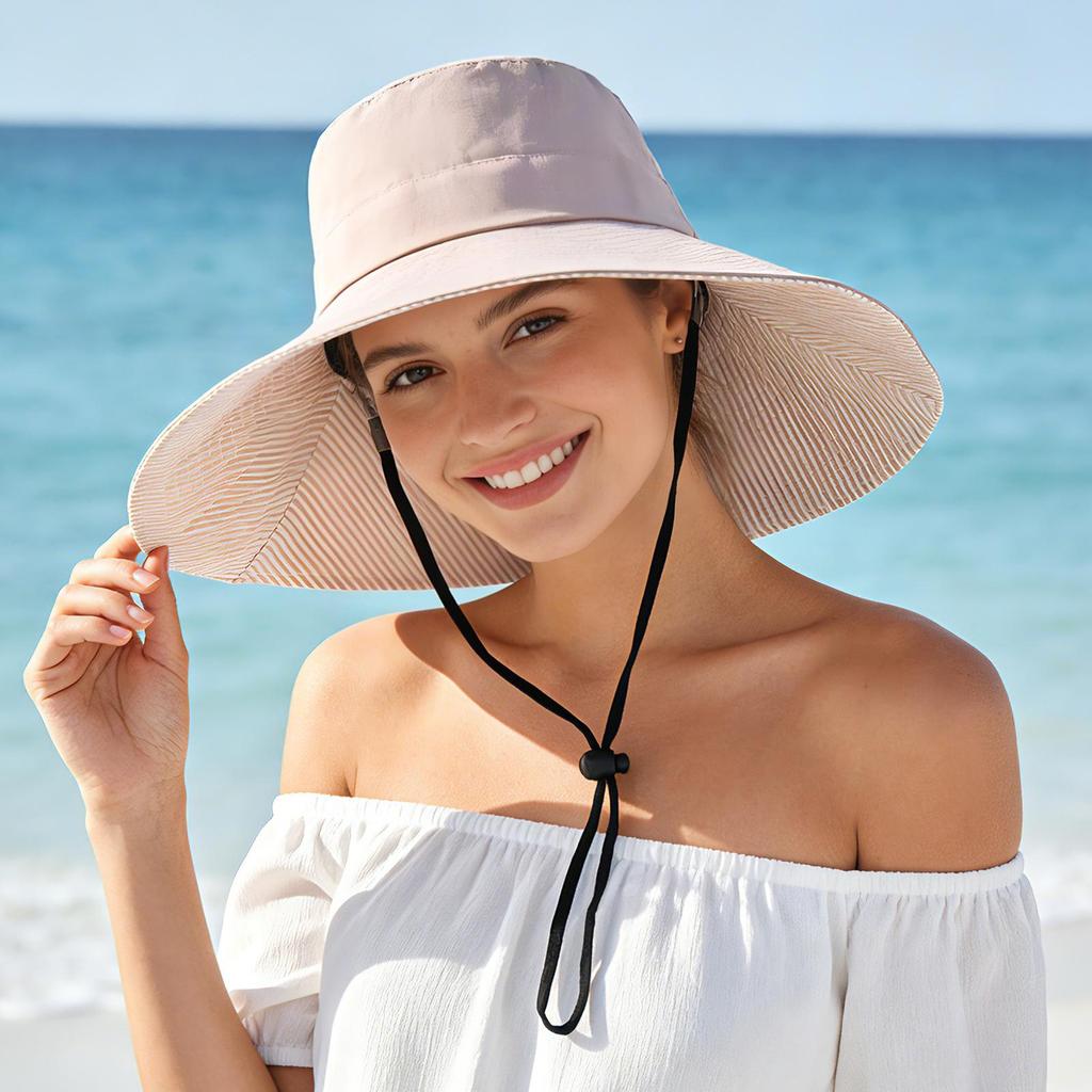 Sommer Damen Sonnenhut Fischerhut mit gestreiftem Futter, geeignet für Reisen im Freien, Sonnenschutzhut mit breiter Krempe