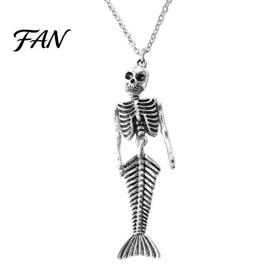 Unique Alternative Style Necklace Skull Mermaid Skeleton Pendant Necklace, Gothic Dark Fantasy Jewelry Exotic Aesthetic for Women, Creative