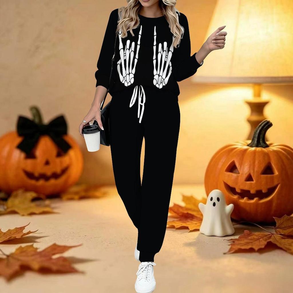 Conjunto de Dos Piezas con Estampado de Halloween para Mujer, Top de Manga Larga con Cuello Redondo y Pantalones Jogger con Cordón, Chándal Casual para Primavera Otoño