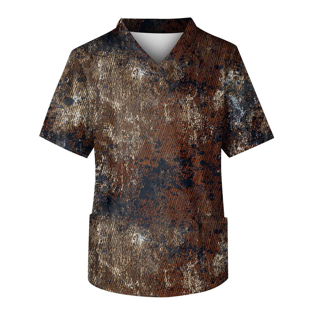 Men's Printing Short Sleeve V-neck Working Blouse Chest Pocket Carer Top