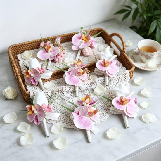 Evropská Phalaenopsis Orchidej Květ do klopy Svatební korsáž pro družičku Ženicha Elegantní Látková Květina na Párty Maturitní dárek pro Ženy