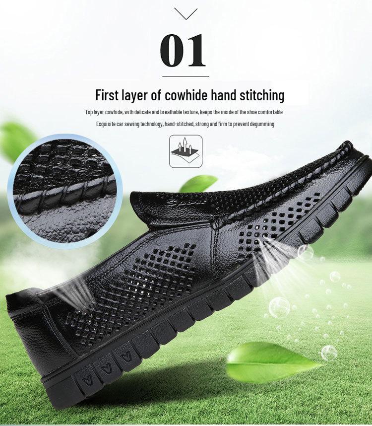 Men's Summer Breathable Leather Sandals - Hollow Out Design, Soft Sole, Cowhide for Middle-Aged & Elderly.