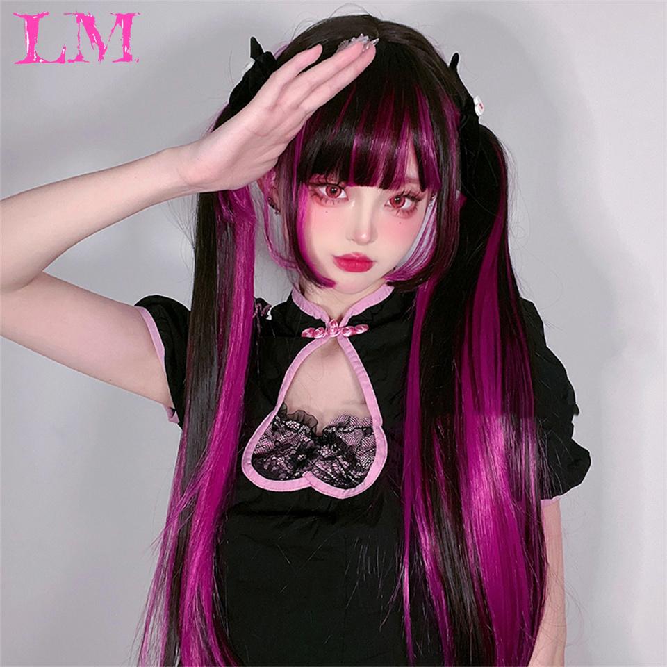 LM Black And Rose Straight Hair Wig Synthetic Long Wavy Wigs with Bangs for Women Cosplay Natural High Temperature Fiber