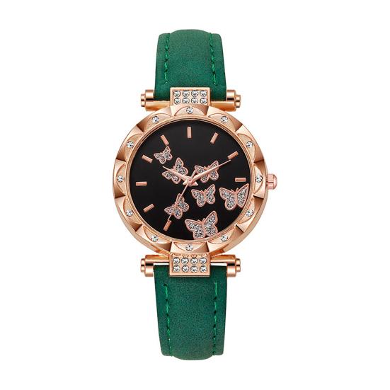 Ladies Butterfly Watch Artificial Leather Strap Quartz Watch Rhinestone Round Dial Fashionable Wristwatch for Women Party Office Date зелёный