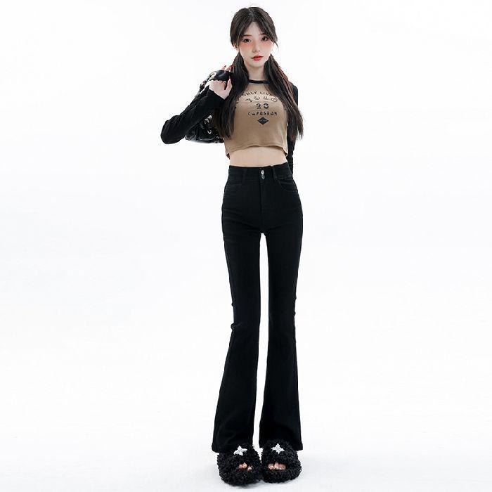 Women's High Waist Retro Smoke Gray Flared Jeans - Stylish Spring/Autumn Elastic Horseshoe Blue Pants