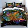 Rainbow Leaf Bedding Set, Magical Colorful Maple Leaf with Dewdrops Print Duvet Cover + 2 Pillowcases, Enchanted Nature Decor