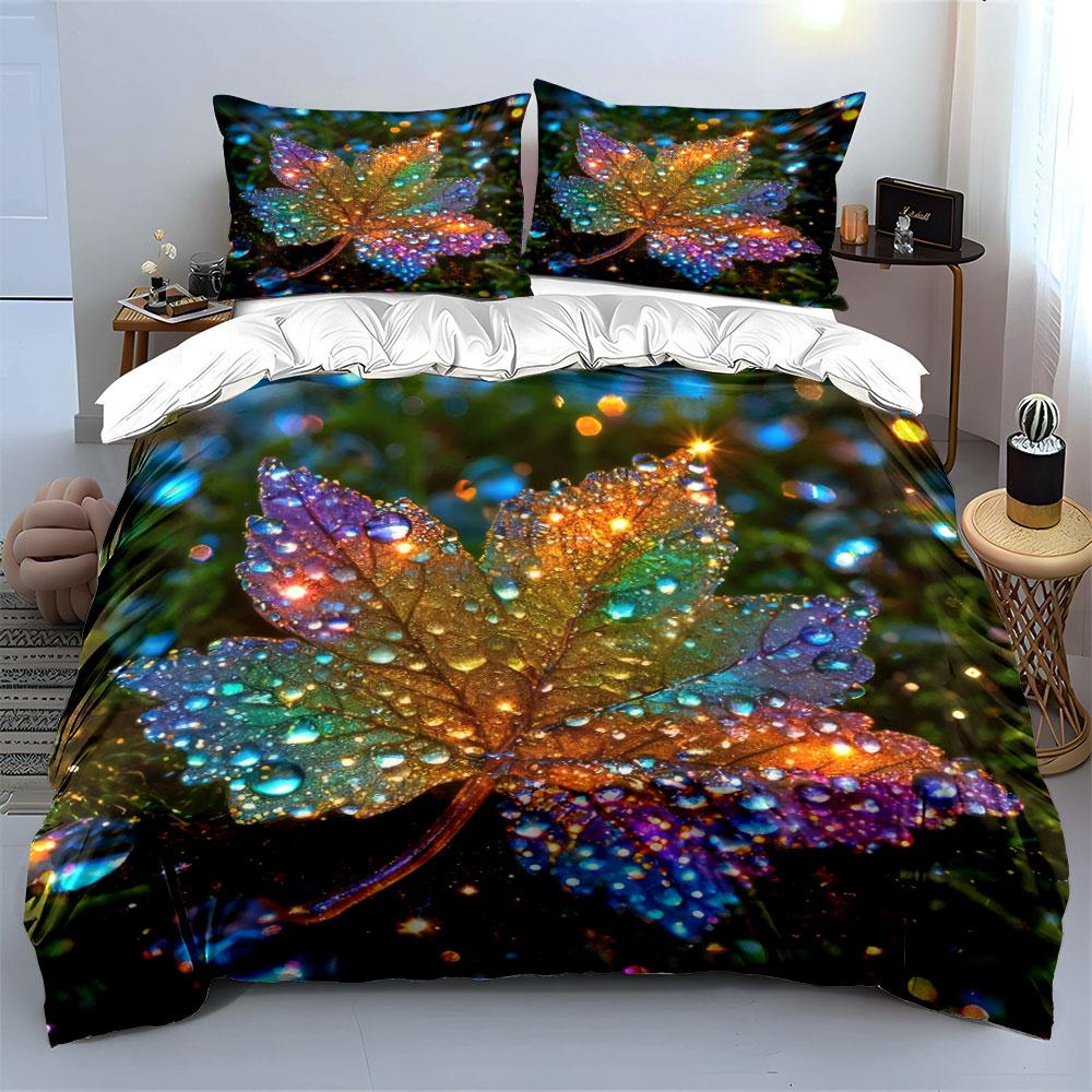 Rainbow Leaf Bedding Set, Magical Colorful Maple Leaf with Dewdrops Print Duvet Cover + 2 Pillowcases, Enchanted Nature Decor