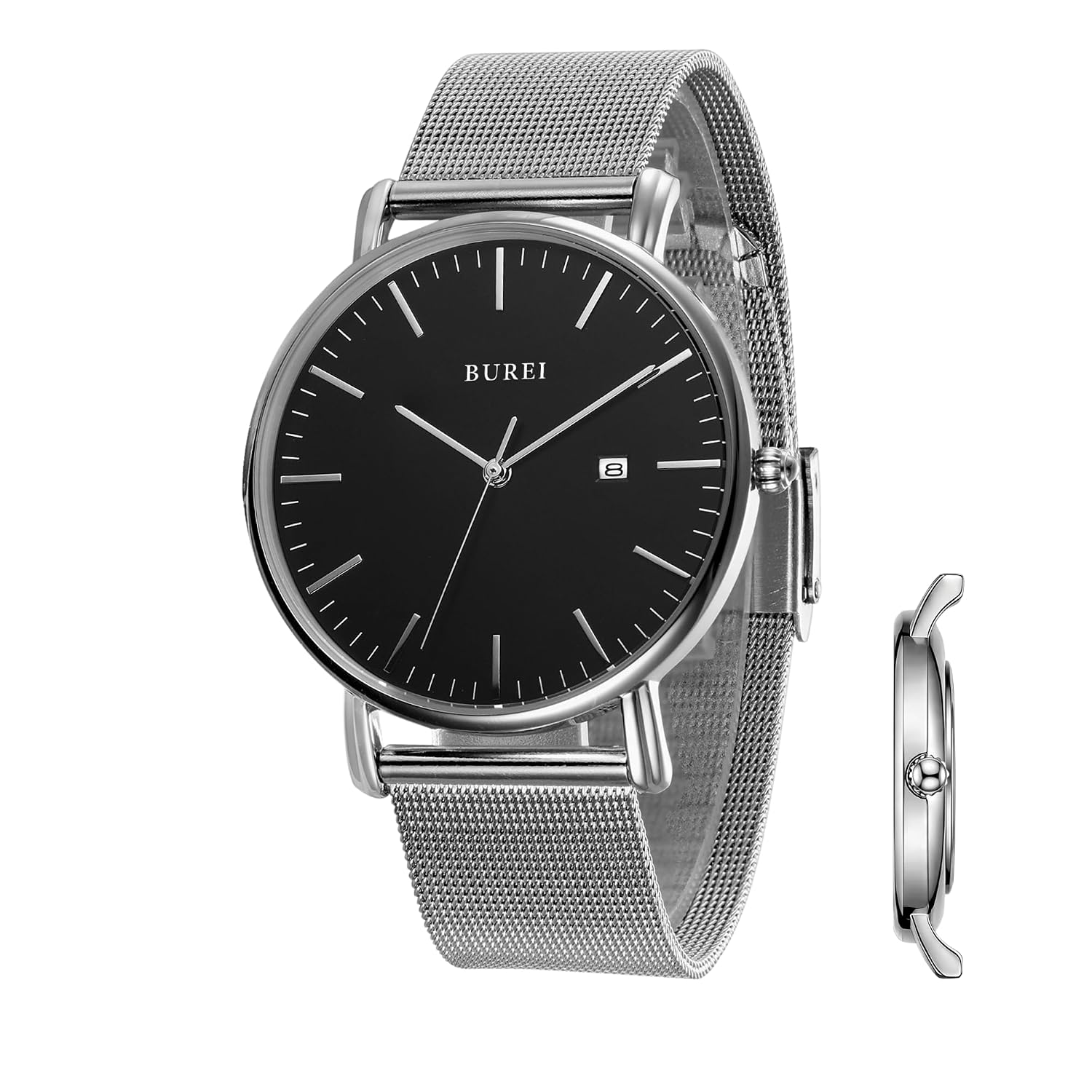 BUREI Mens Watch Analog Made Japan Quartz Slim Waterproof Date Black Popular Brand Wristwatch Simple Stylish Business Milanese Mesh Belt Commuting