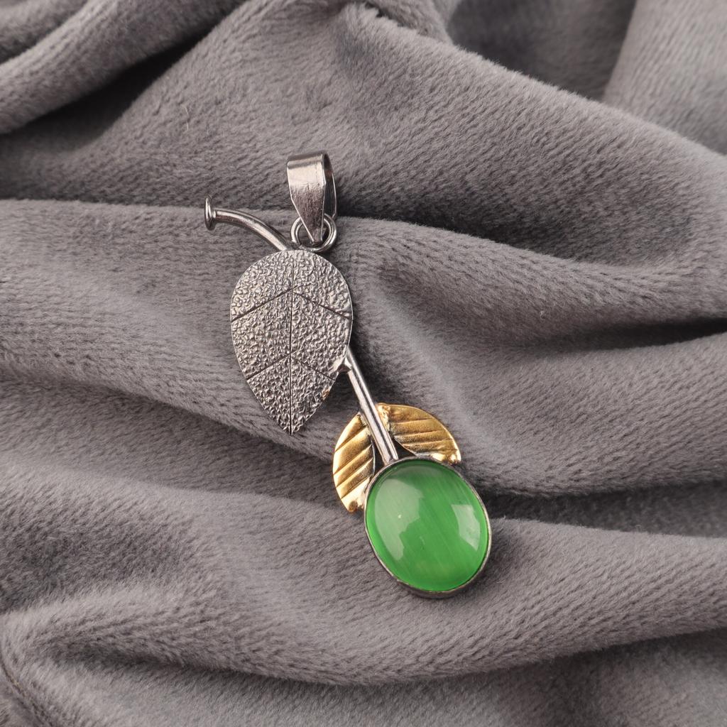 Natural Green Cat's Eye Gemstone 925 Sterling Silver Jewelry Pendant Necklace PP-55-30