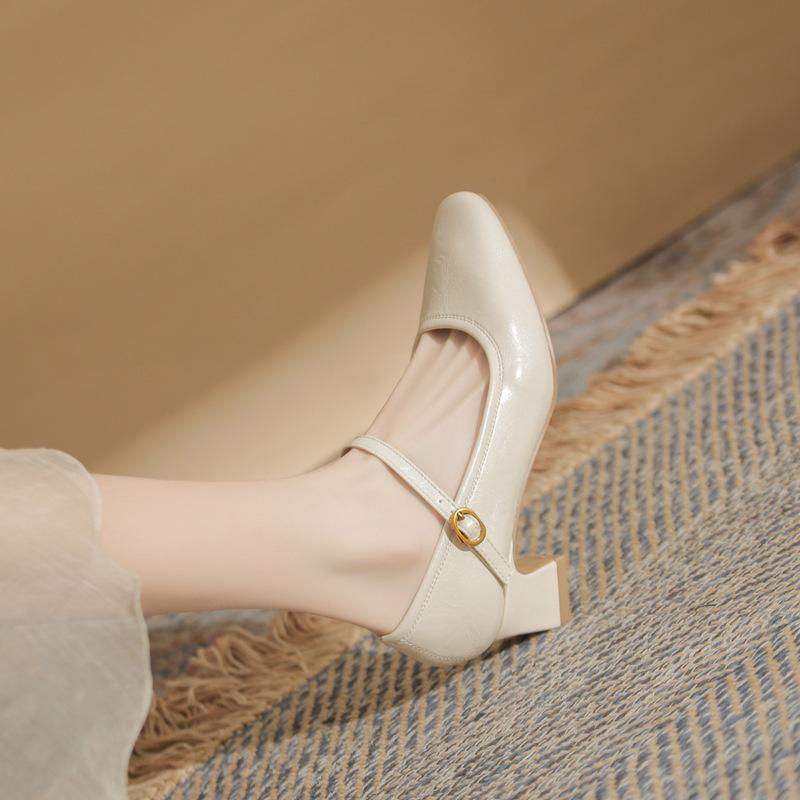 Sheepskin version French retro black high heels 2025 spring word with commuter work thick heel Mary Jane shoes