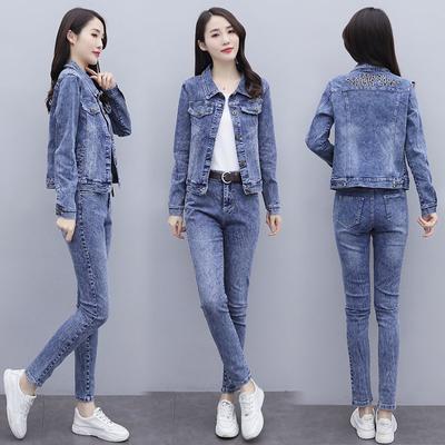 Dames Lente en Herfst Casual Denim Pak Denim Jas + Jeans 2-delige Set