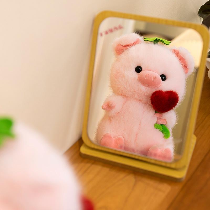 New flower holding pig plush doll cute children's accompanying doll office ornament small pink pig cloth doll