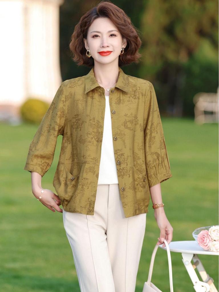 Elderly Women's Summer Solid Color Cardigan with Three-Quarter Sleeves