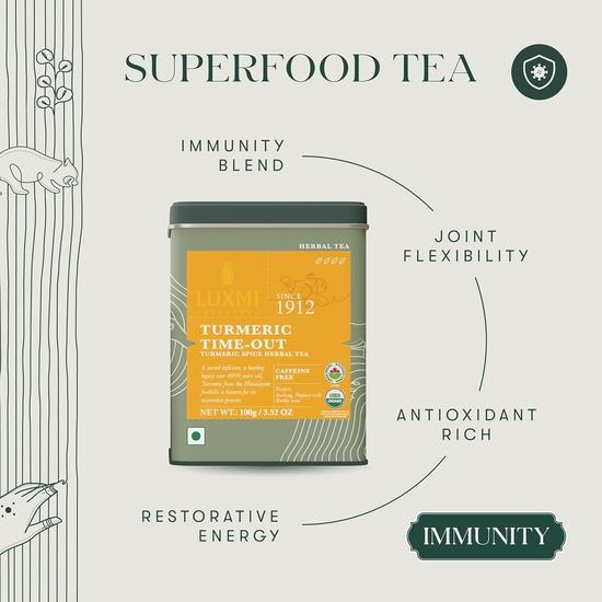 LUXMI Estates Turmeric Time-Out Herbal Loose Tea - 100 Gm Pack | Certified Usda Organic Herbal Tea | 50 Cups