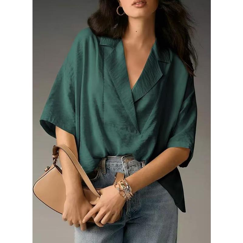Loose Fit Short Sleeve Turn Down Collar Solid Color Casual Shirt With Pleats