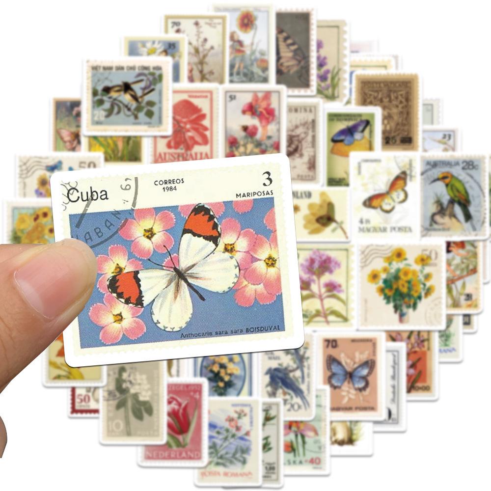 50pcs Vintage Plant & Butterfly Bird Sticker Set for Guitar, Notebook, Luggage - Waterproof Decor
