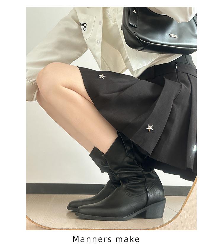 Stiefel im Scheunenstil, mittelhoch, Reitstiefel: Melaard Klobiger Absatz, Spitze Zehenpartie, Retro Slouchy Slip-On Stiefeletten