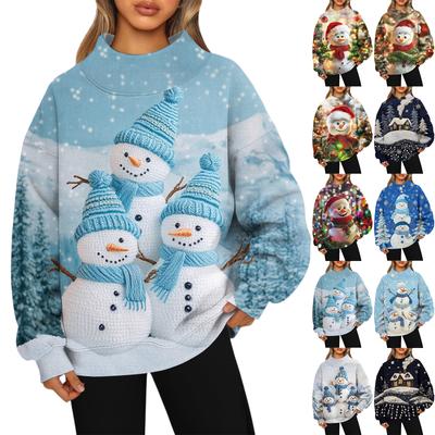 Ladies' Fashionable Christmas Printed Long Sleeved High Neck Sweatshirt Top