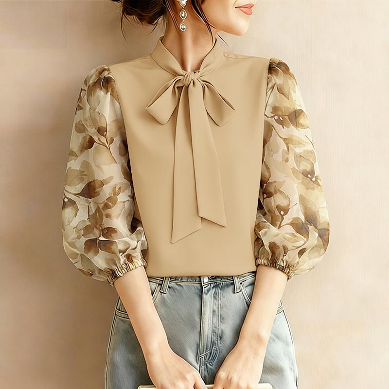 

ZANZEA Women Bows Collar Casual Splice 3/4 Sleeve Loose Blouse 5XL