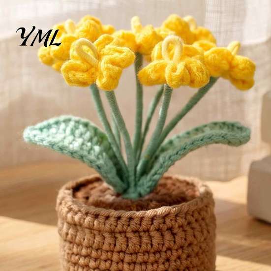 Handmade Knitted Potted Plant Crocheted Flower Plant, Artificial Yarn Ornament, Vibrant Multi-color Cute Desk Ornament for Office Desktop Car