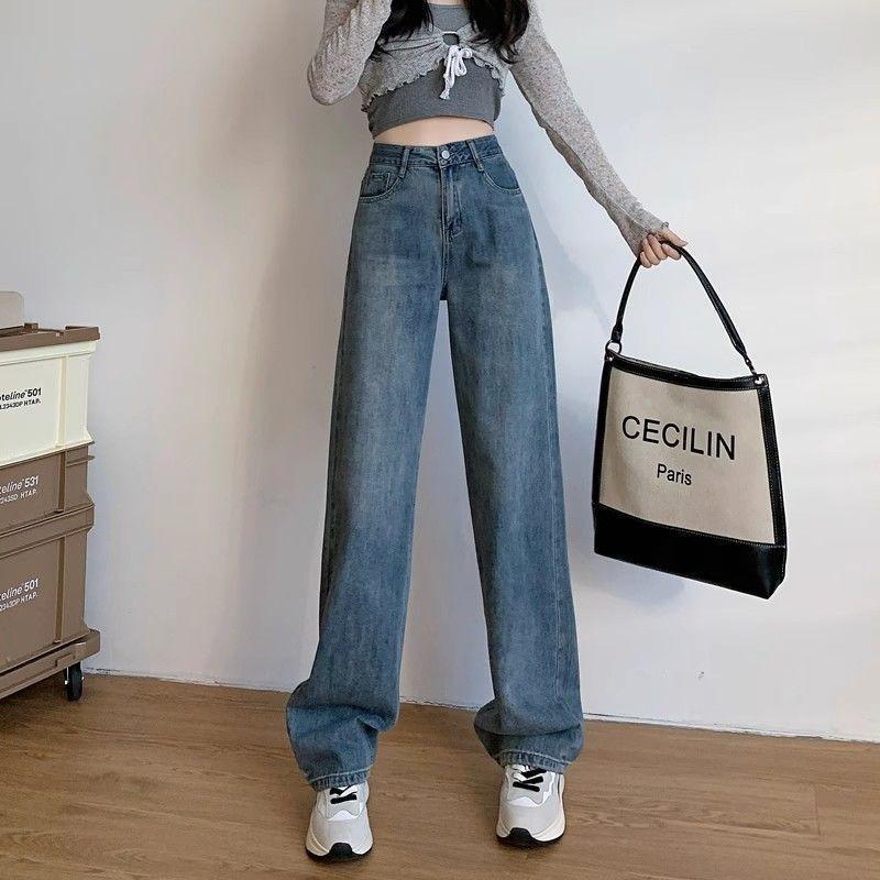 Retro Blue Narrow Wide-leg Jeans Female Summer Student New High-waisted Loose Straight Tall Mopping Pants