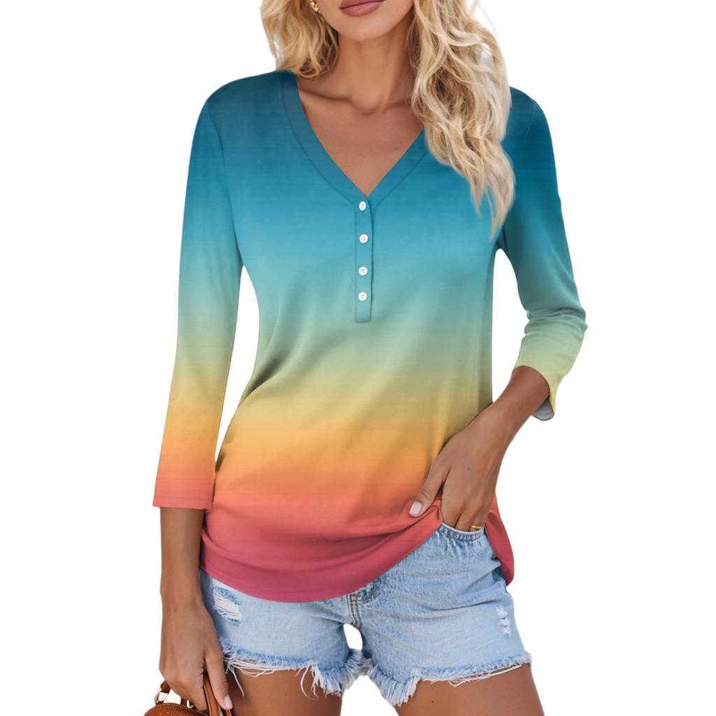 Women's Casual Fashion Sexy Comfortable V-neck Button Gradient Color Three-quarter Sleeve Top