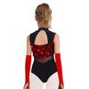 Kids Dance Leotard with Gloves Mock Neck Cutout Back Sparkling Sequins Color Block Performance Outfit