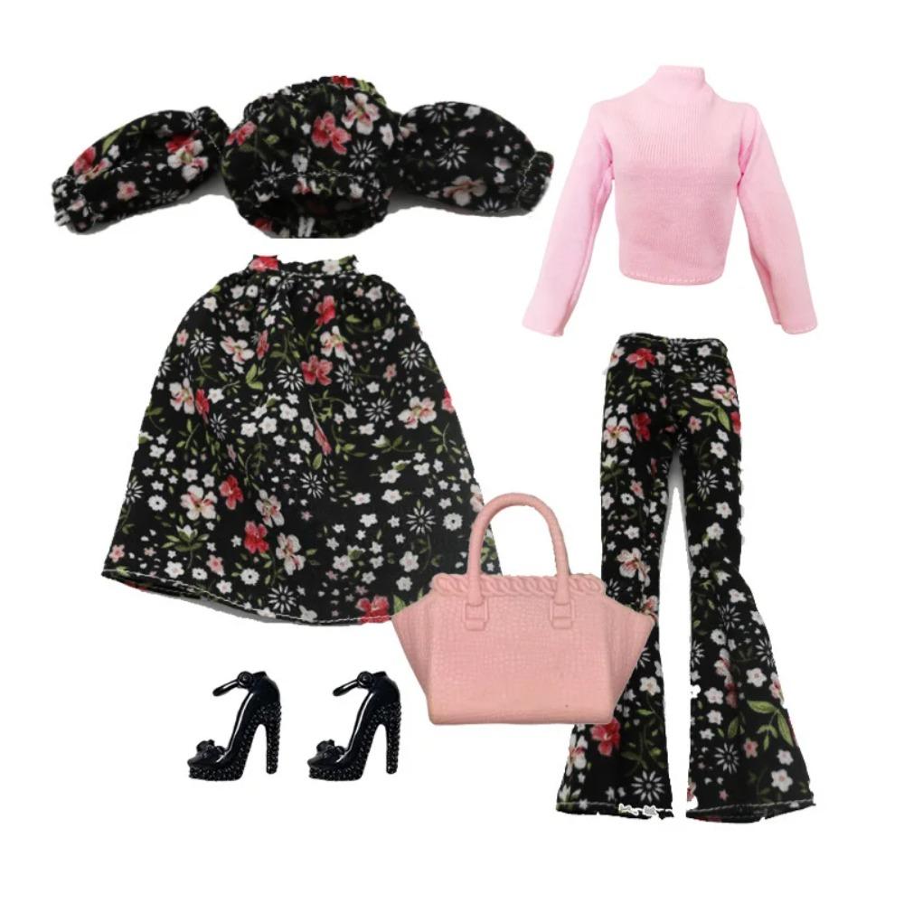 Elegantes Puppenoutfit für 1/6 Puppe Modepuppe Rosa Hahnentritt-Kleid Hut Goldener Gürtel Handtasche mit Schuhen Set