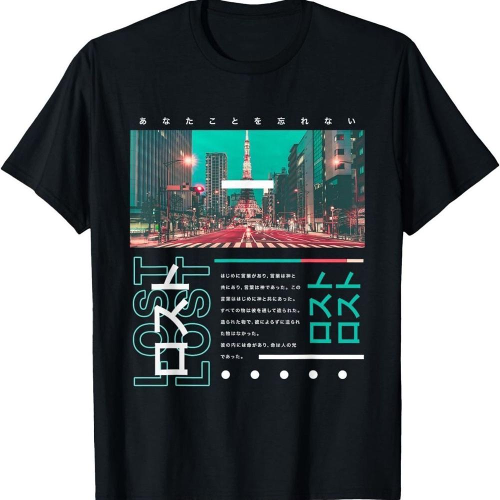 Мужская киберпанк Токио графическая футболка Обычный крой Короткий рукав Неоновый городской пейзаж Арт-дизайн Японский текст Ретро Уличный стиль Топ S