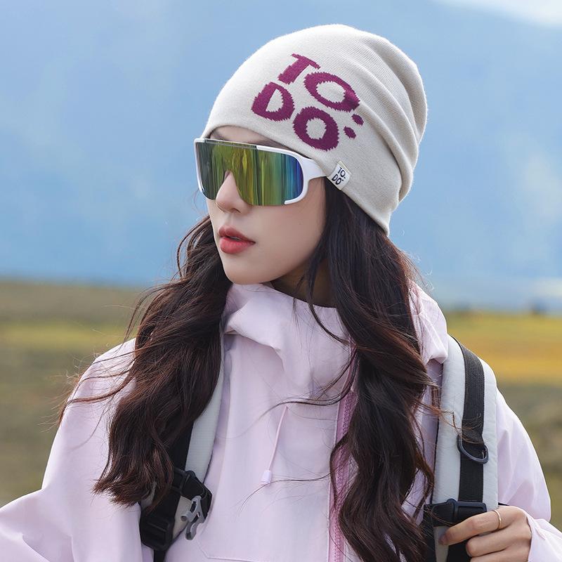 Fashion knitted hats men's and women's autumn and winter warm ear protection letter cold hat outdoor versatile big head circumference wool hat