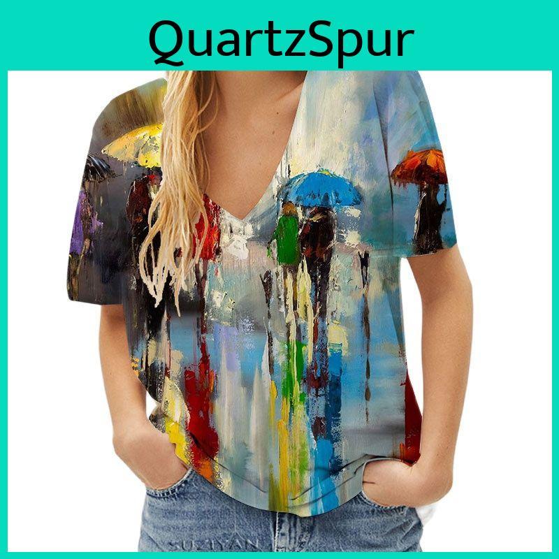 Tshirt Womens Paintings 3d Art Printed Summer Fashion Casual Harajuku Short Sleeve Femme V Neck Street Tshirts Ladies Tops
