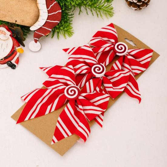 3Pcs Christmas Tree Bow Pendants Red White Striped Print Bowknot Festive