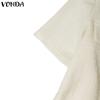 VONDA Elegant Women Short Sleeve Furry Hem Buttons Down Texture Casual Blouse