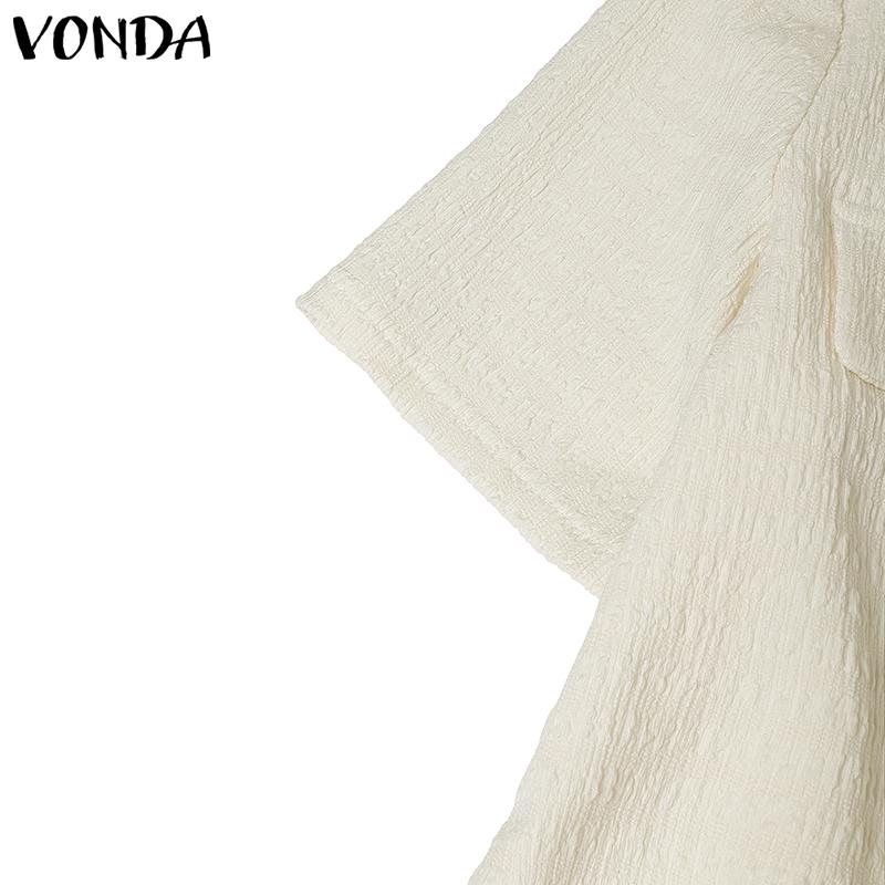 VONDA Elegant Women Short Sleeve Furry Hem Buttons Down Texture Casual Blouse