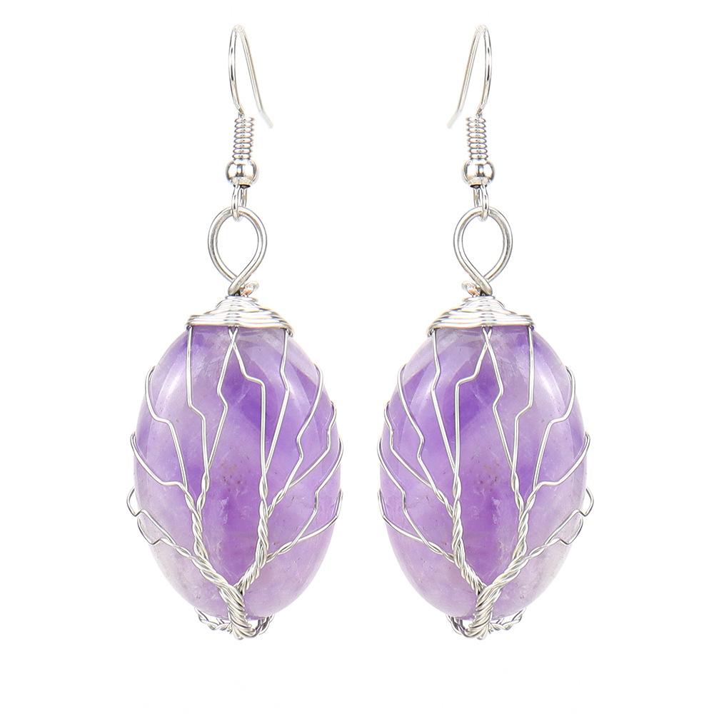 

Winding Multicolor Natural Crystal Stone Oval Tree Of Life Earrings Stud Earrings Pendant E46
