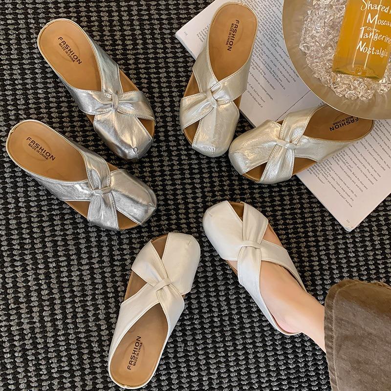 Baotou Half Slippers Women's Fashion New Summer Soft Leather Flat Bottom Soft Sole Temperament One Foot Cool Slippers Women's Shoes