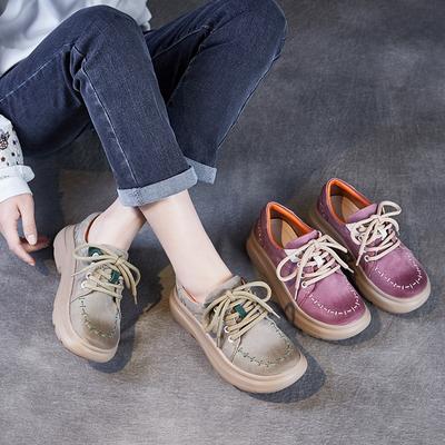 Scarpe da donna retrò in vera pelle, fatte a mano, con cuciture piatte, casual, stringate