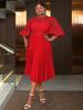 Plus Size Lace Lantern Sleeve Dress with Pleated Skirt - Christmas Gift