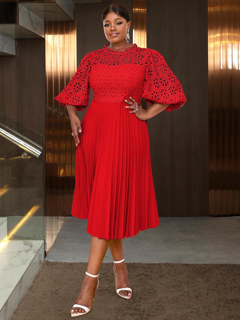 Plus Size Lace Lantern Sleeve Dress with Pleated Skirt - Christmas Gift