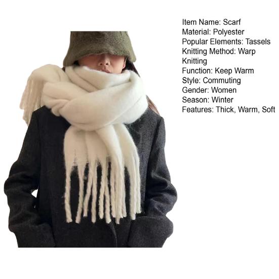 Dámská zimní šála Zesílený široký Dlouhý střapec Jednobarevný Útulný Větruodolný Chladuvzdorný Měkký dámský Ozdobný šátek na krk