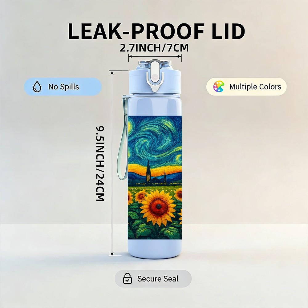 1PC Van Gogh Sunflower Starry Night 750ml Color Plastic Sports Water Bottle Leakproof Flip Straw Lid Suitable for Sports Office Home Use