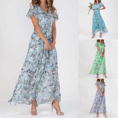 Women's Swing Long Dress Chiffon Floral Short Sleeve Ruffle V Neck Fashion Waist Flowy Dress